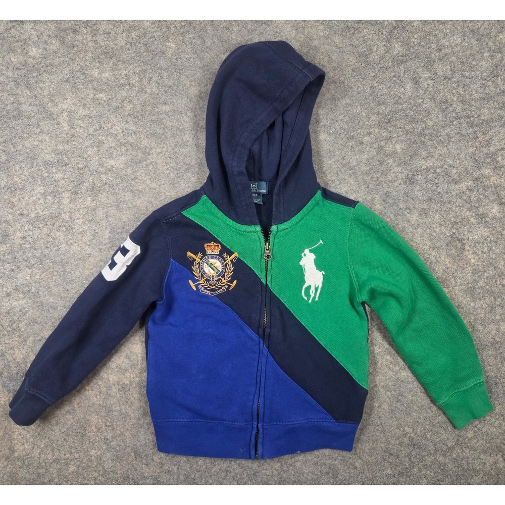 Polo Ralph Lauren Big Pony Boys Colorblock Full Zip Hoodie Blue Green 4T *Flaw*